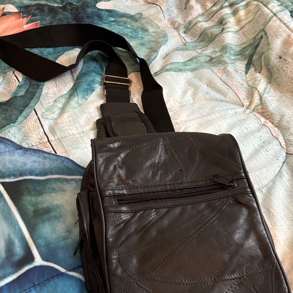 Black Leather Crossbody Sling Bag - Men